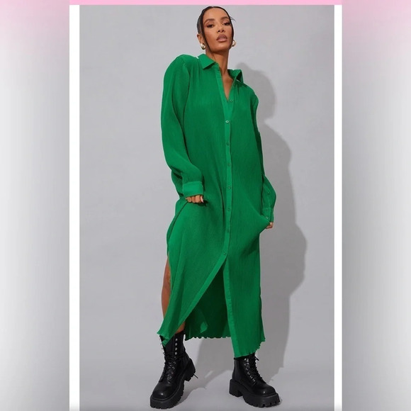 PrettyLittleThing Green Plisse Button Up Split Hem Dress size 0 - Picture 2 of 10